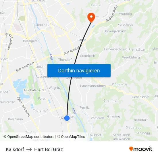 Kalsdorf to Hart Bei Graz map