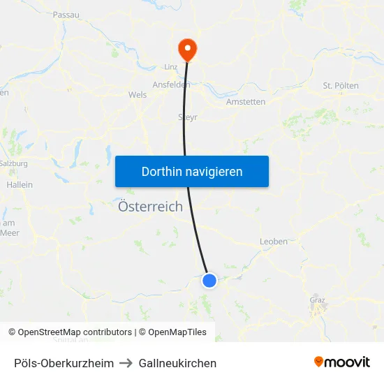 Pöls-Oberkurzheim to Gallneukirchen map