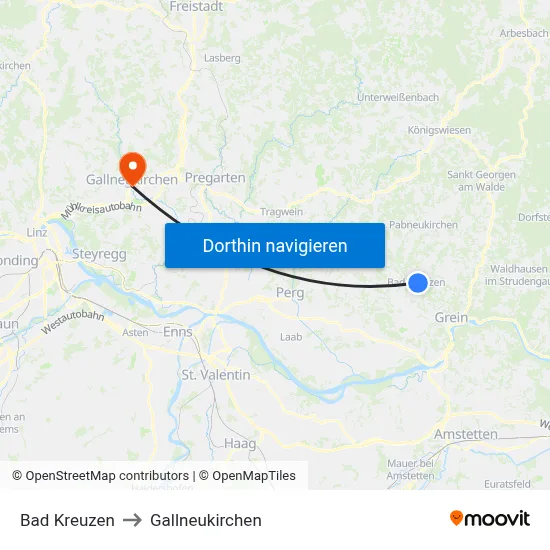 Bad Kreuzen to Gallneukirchen map