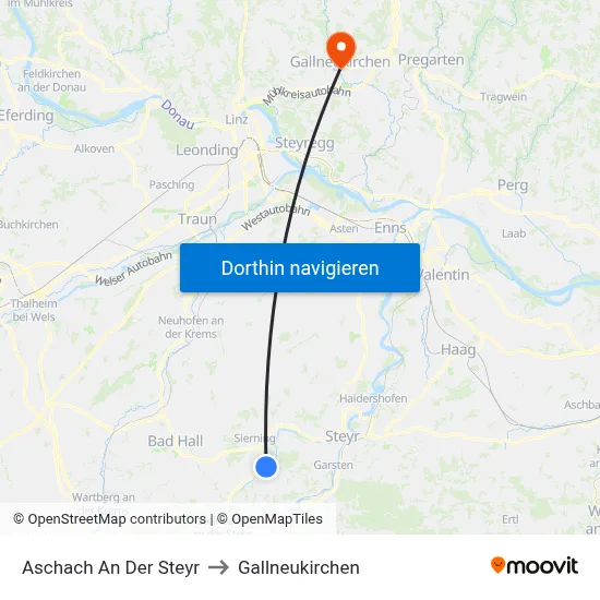 Aschach An Der Steyr to Gallneukirchen map