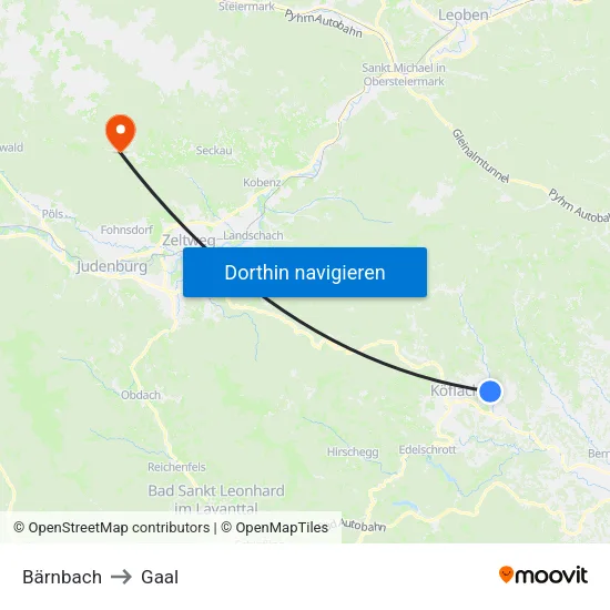 Bärnbach to Gaal map