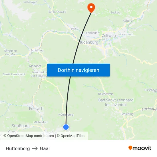 Hüttenberg to Gaal map