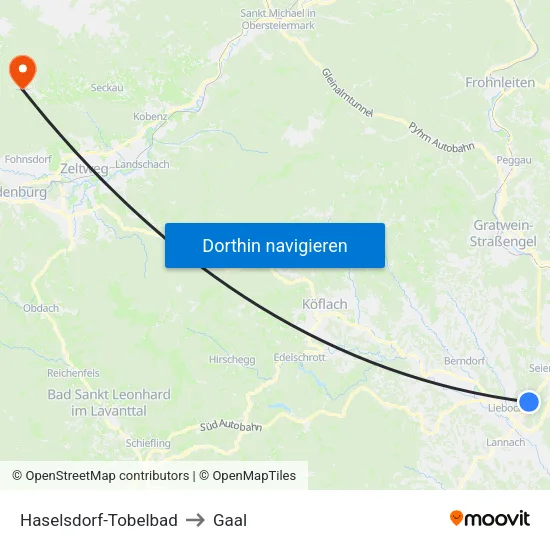 Haselsdorf-Tobelbad to Gaal map