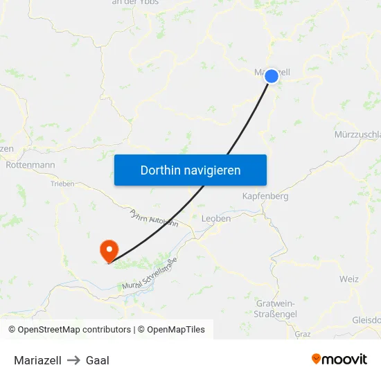 Mariazell to Gaal map