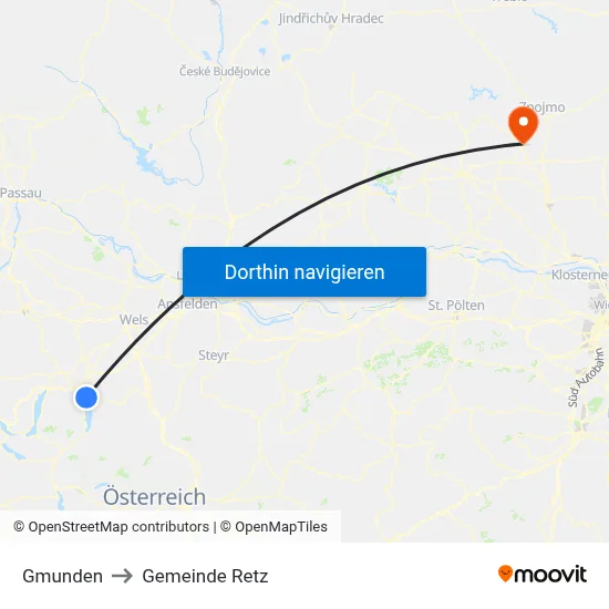 Gmunden to Gemeinde Retz map