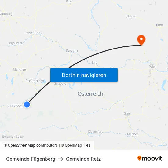 Gemeinde Fügenberg to Gemeinde Retz map