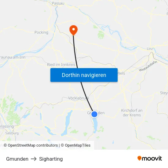 Gmunden to Sigharting map