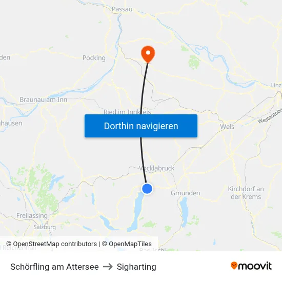 Schörfling am Attersee to Sigharting map