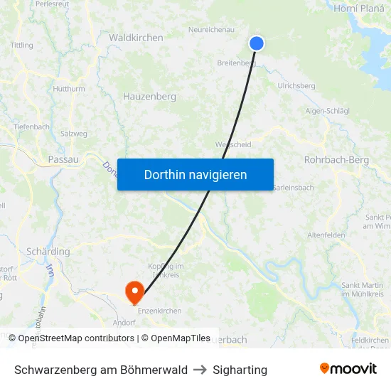 Schwarzenberg am Böhmerwald to Sigharting map