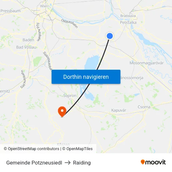 Gemeinde Potzneusiedl to Raiding map