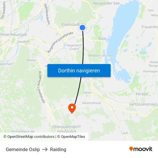 Gemeinde Oslip to Raiding map