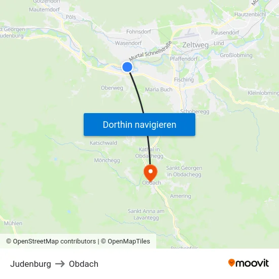 Judenburg to Obdach map