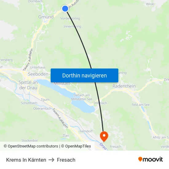 Krems In Kärnten to Fresach map