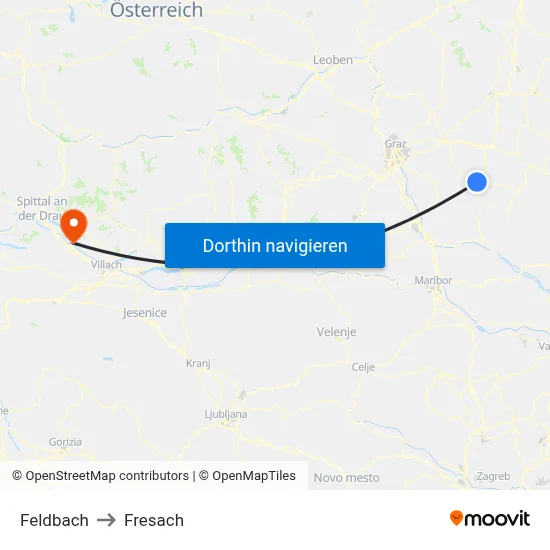 Feldbach to Fresach map