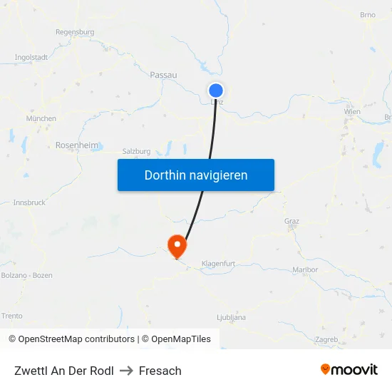Zwettl An Der Rodl to Fresach map