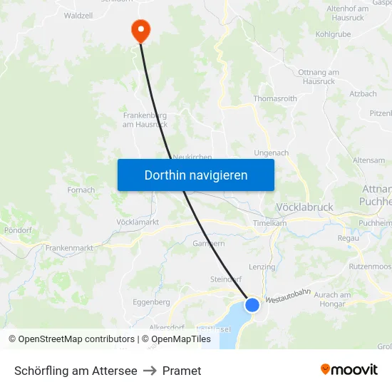 Schörfling am Attersee to Pramet map