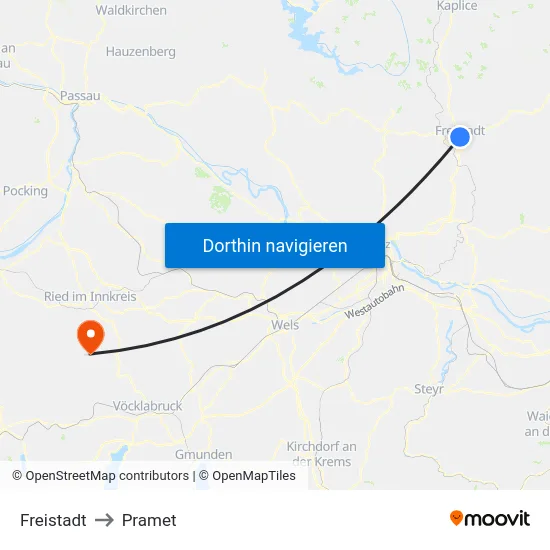 Freistadt to Pramet map