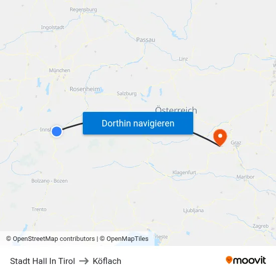Stadt Hall In Tirol to Köflach map