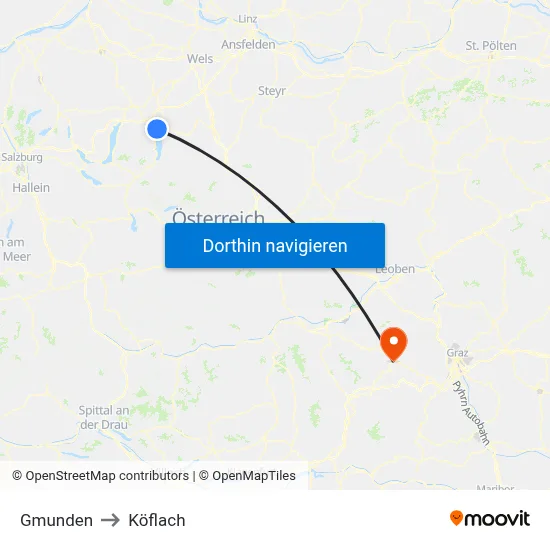 Gmunden to Köflach map