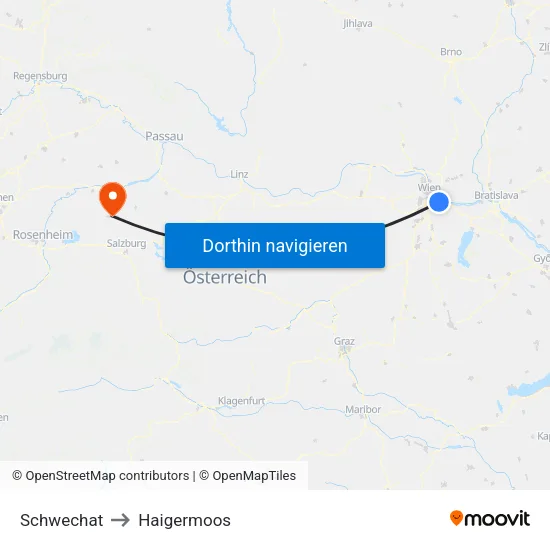 Schwechat to Haigermoos map