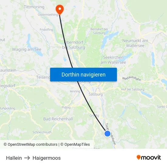 Hallein to Haigermoos map