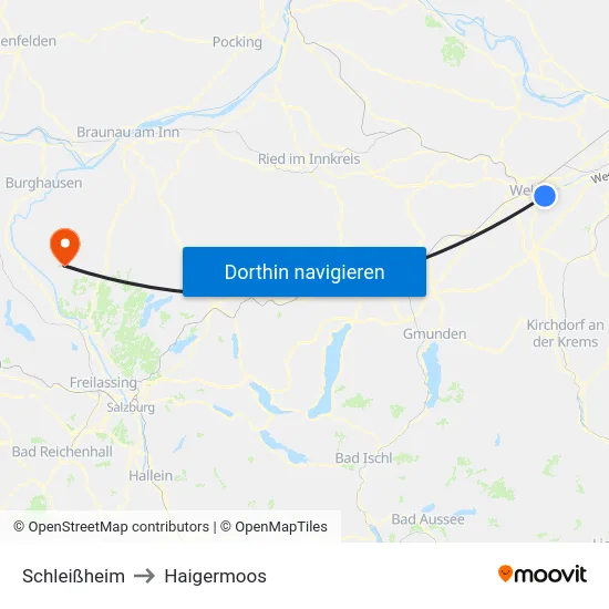 Schleißheim to Haigermoos map