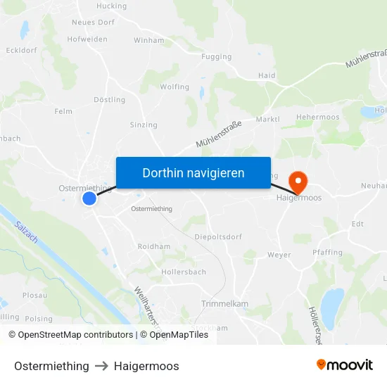 Ostermiething to Haigermoos map