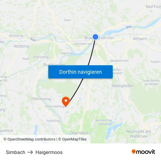 Simbach to Haigermoos map