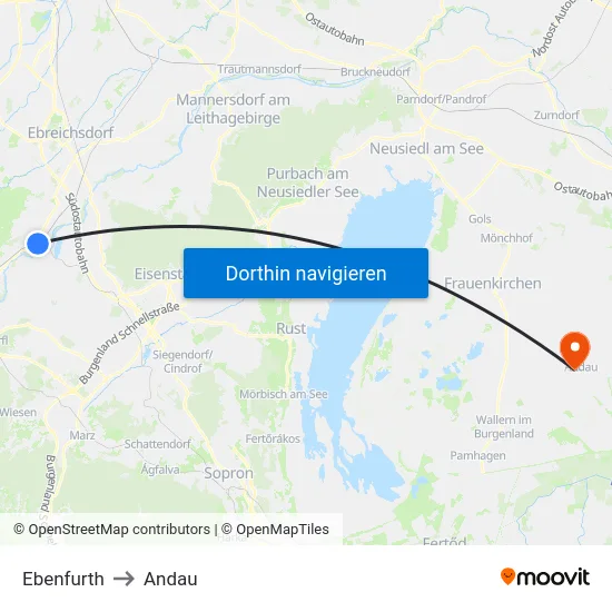 Ebenfurth to Andau map