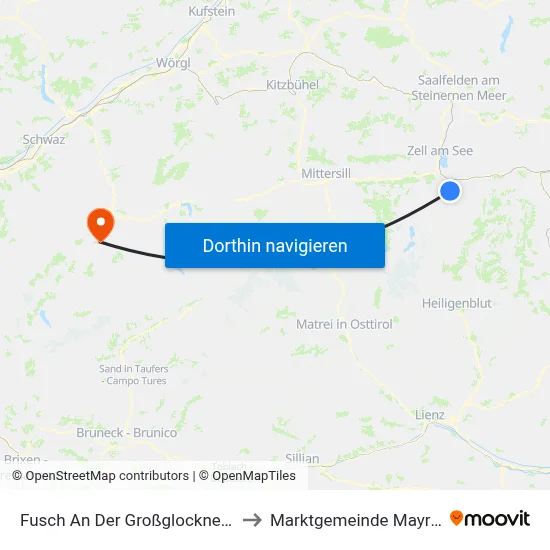 Fusch An Der Großglocknerstraße to Marktgemeinde Mayrhofen map