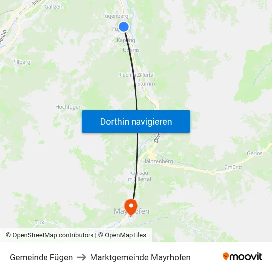 Gemeinde Fügen to Marktgemeinde Mayrhofen map