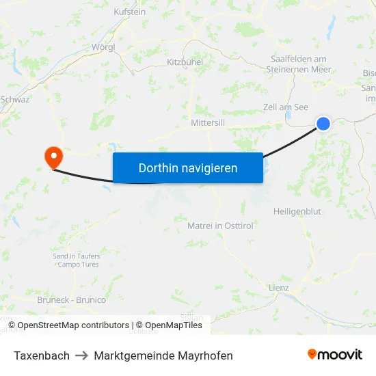 Taxenbach to Marktgemeinde Mayrhofen map