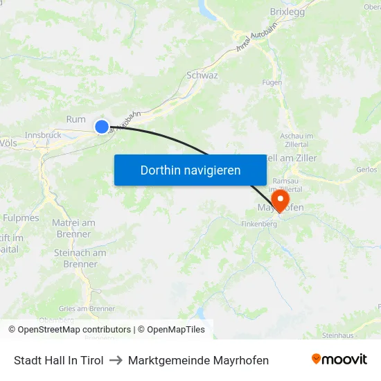 Stadt Hall In Tirol to Marktgemeinde Mayrhofen map