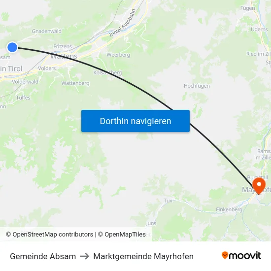 Gemeinde Absam to Marktgemeinde Mayrhofen map