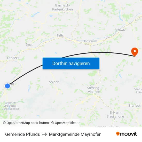 Gemeinde Pfunds to Marktgemeinde Mayrhofen map