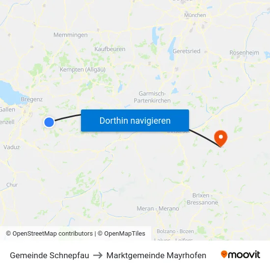 Gemeinde Schnepfau to Marktgemeinde Mayrhofen map