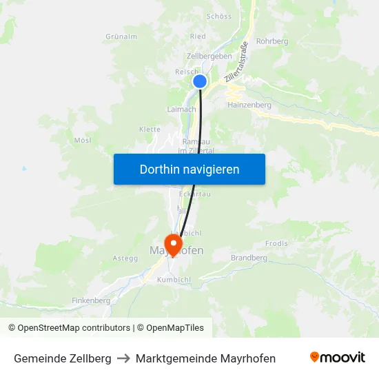 Gemeinde Zellberg to Marktgemeinde Mayrhofen map