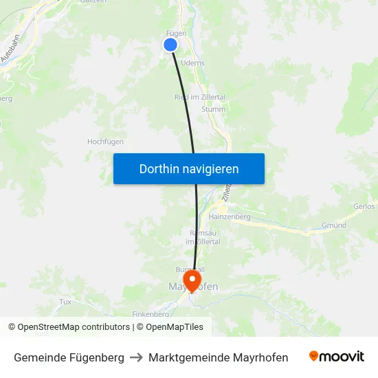 Gemeinde Fügenberg to Marktgemeinde Mayrhofen map