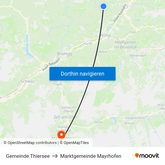 Gemeinde Thiersee to Marktgemeinde Mayrhofen map