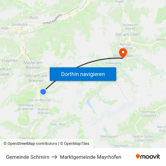 Gemeinde Schmirn to Marktgemeinde Mayrhofen map