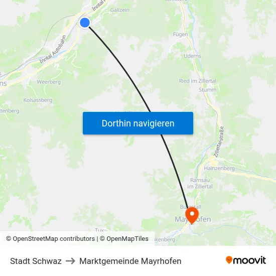Stadt Schwaz to Marktgemeinde Mayrhofen map
