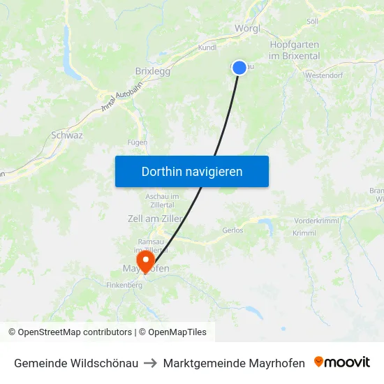 Gemeinde Wildschönau to Marktgemeinde Mayrhofen map
