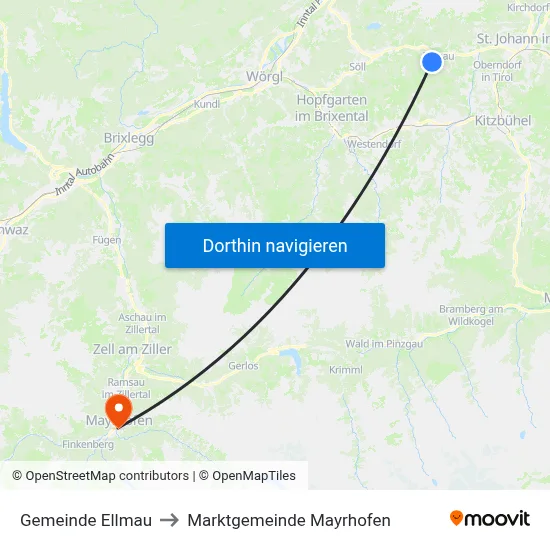 Gemeinde Ellmau to Marktgemeinde Mayrhofen map