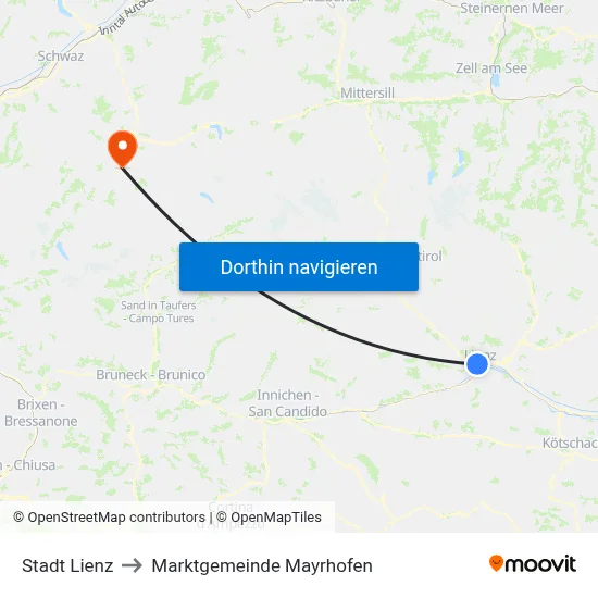 Stadt Lienz to Marktgemeinde Mayrhofen map