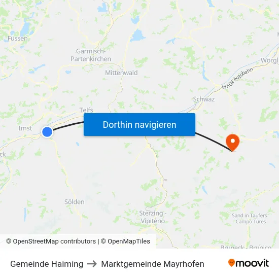 Gemeinde Haiming to Marktgemeinde Mayrhofen map
