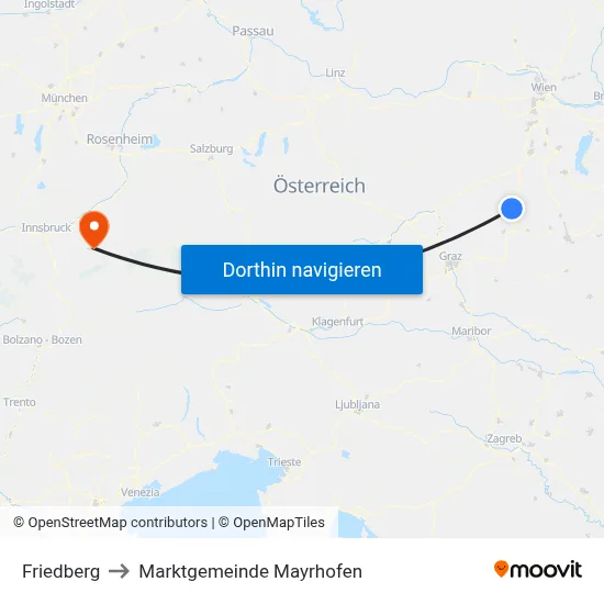 Friedberg to Marktgemeinde Mayrhofen map