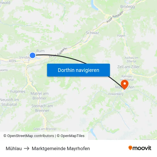 Mühlau to Marktgemeinde Mayrhofen map