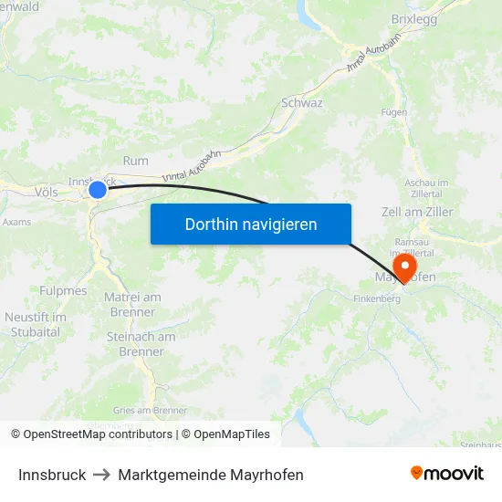 Innsbruck to Marktgemeinde Mayrhofen map