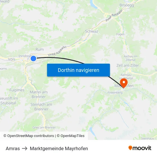Amras to Marktgemeinde Mayrhofen map