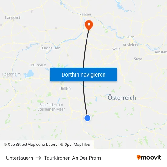 Untertauern to Taufkirchen An Der Pram map